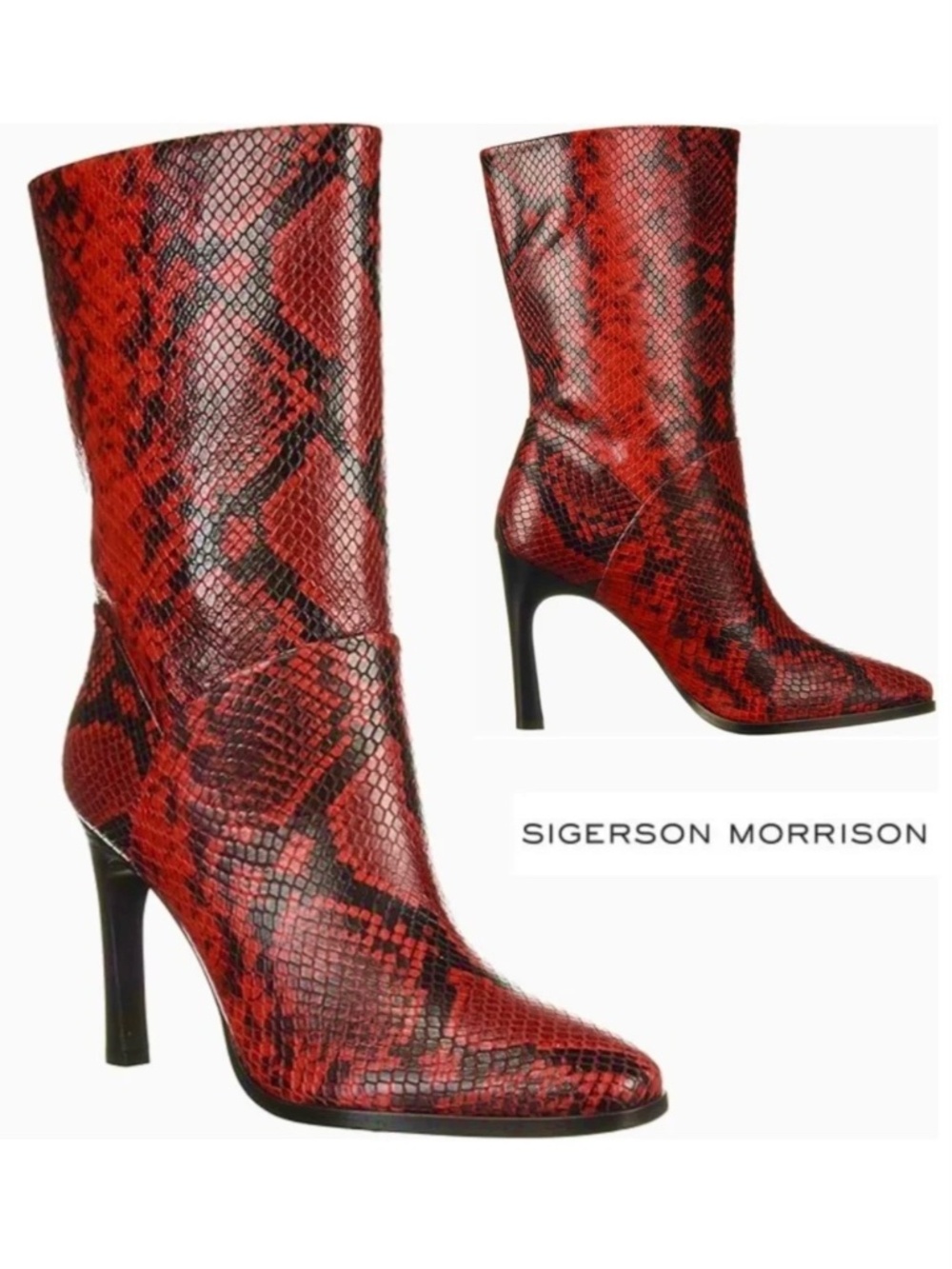 Sigerson Morrison Kiona Fashion Boots, Black Red Snake Print Leather Booties 37